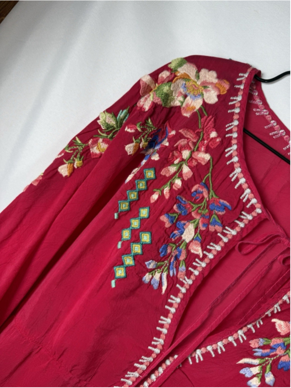 Johnny Was Red Floral Embroidered Tie Yoke Neck Tunic Top Blouse 2X Geometric - Picture 7 of 9